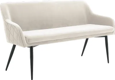 A cream-colored bench with black legs is shown against a white background.