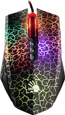 A top-down view of a gaming mouse with a cracked pattern and RGB lighting.