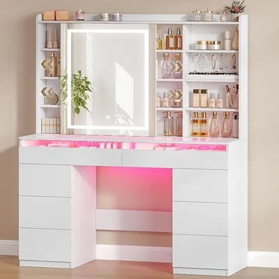 Obrázek produktu pro Velký toaletní stolek, toaletní stolek s nastavitelným RGB osvětlením a skleněnou deskou, toaletní stolek s velkým zrcadlem, 8 zásuvkami a 9 otevřenými policemi, do ložnice, bílý, 1180203XEU