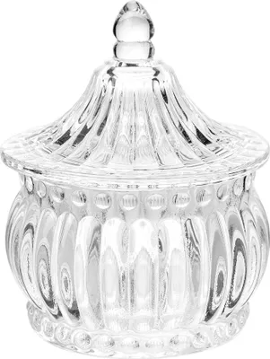 A clear glass jar with a lid, shown against a white background.