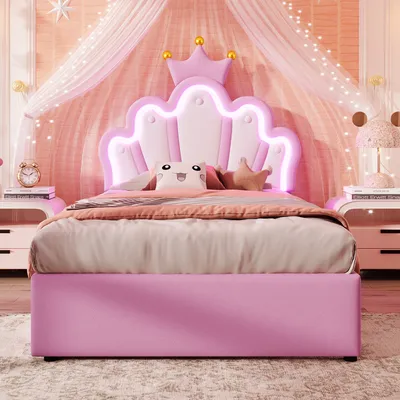 Image de Abrihome lit d'enfant rembourré 90x200 cm avec LED et 2 tiroirs, lit de princesse Tête de lit en forme de couronne, PU, rose