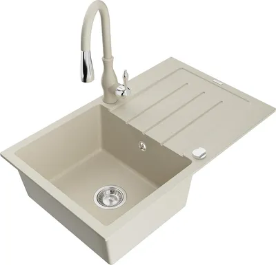 Immagine prodotto di Mexen Bruno lavello da cucina in granito a 1 vasca con scolapiatti e rubinetto da cucina Savita, beige - 6513-69-672601-69