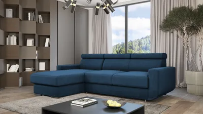 Produktbild von GOLDSTOFF HUGO Ecksofa 202 x 130 cm mit Schlaffunktion & Bettkasten – L-Form Schlafsofa mit Kopfstützen und Relaxfunktion (Dunkelblau)