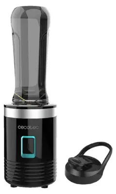 A black Cecotec blender with a silver band and a blue button, shown with its black lid and handle.