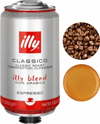 A can of Illy Classico Espresso coffee beans and two circular insets showing coffee beans and espresso crema.