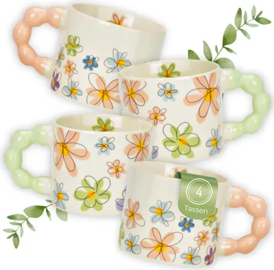 Produktbild von Kaffeetassen mit Perlengriff, bunte Frühstückstasse 335 ml