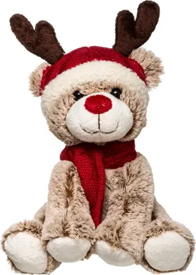 A plush reindeer toy wearing a red hat and scarf, sitting against a white background.