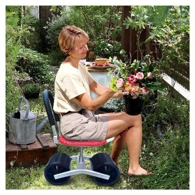 Produktbild von Gartensitz mit Rädern – höhenverstellbarer drehbarer Gartenstuhl, faltbarer Gartenroller, Lenkgriff, leichtgängige Rollen