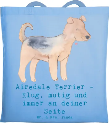 Produktbild von Mr. & Mrs. Panda Schultasche Airedale Terrier - Sky Blue - Geschenk, klug, Tote Bag, Hund, festivaltasche, Tasche, Hunderassen Pflege, Weisheit, Jutebeutel, Beschreibung
