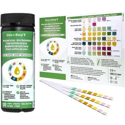 Produktbild von One+Step Urinteststreifen für 8 Indikatoren - Gesundheitstest inkl. Referenzfarbkarte - 100 Stück