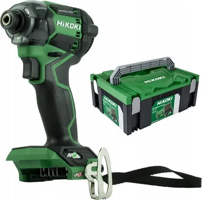 A HiKOKI cordless impact driver and a storage case are shown against a white background.
