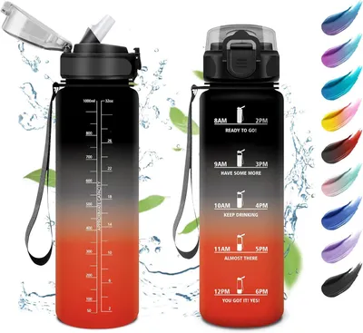 Imagen del producto de Botella deportiva con indicador de tiempo, de 1 litro, libre de BPA, a prueba de fugas, con pajita, ideal para camping y deportes