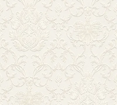 A seamless pattern of embossed damask wallpaper in a cream or off-white color.