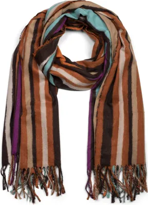 Produktbild von styleBREAKER Uni Schal mit buntem Streifen Muster und langen Fransen, Colour Blocking, Winter, Stola 01017113
