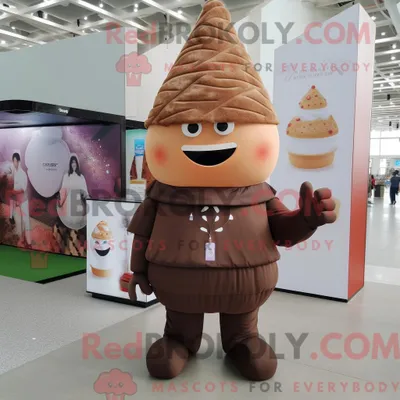 Obrázok produktu pre Postava maskota REDBROKOLY, znázornená ako hnedá kornútka zmrzliny, oblečená v tričku s dlhými rukávmi a s kabelkou