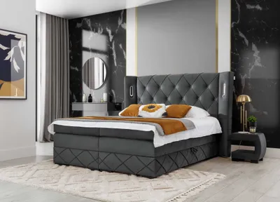 Produktbild von Boxspringbett Bett FOKS mit Pocket-Matratze, Bonell-Matratze und Topper - Doppelbett - Bettkästen - H3 - Beleuchtung LED ( 180x200 cm , Grau - Monolith 92 )