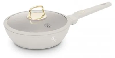 A cream-colored deep frying pan with a glass lid and a gold handle, shown from a side angle on a white background.