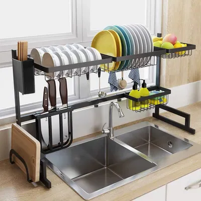 Image de Égouttoir à 2 niveaux Étagère à vaisselle Largeur réglable avec porte-ustensiles & crochets Étagère de cuisine Acier inoxydable Noir