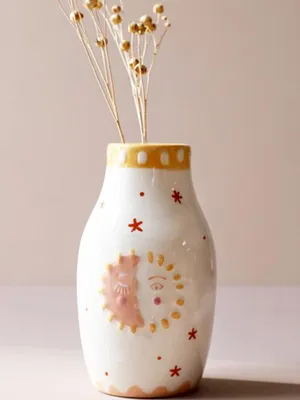 Keramikvase mit Sonne-Mond-Design, Boho-Deko, 8x8x14 cm, cremefarben