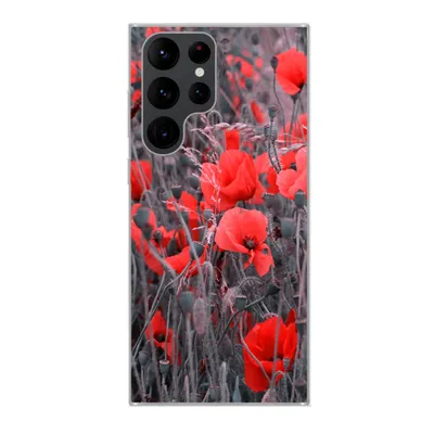 Produktbild von MuchoWow® Handyhülle Schutzhülle Hülle für Samsung Galaxy S22 Ultra Rote Mohnblumen in einem Schwarz-Weiß-Bild Silikon Softcase Handy Hülle - Abbildung