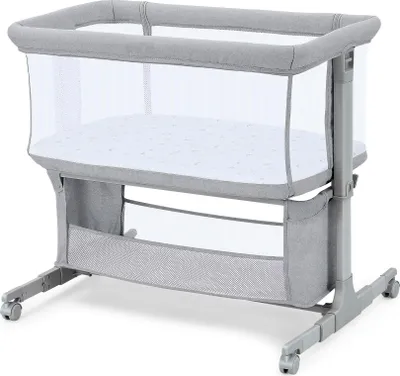 Produktbild von Beistellbett für Neugeborene, tragbares Babybett mit Rädern, Aufbewahrungskorb, und Matratze, 7-fach höhenverstellbar, hellgrau