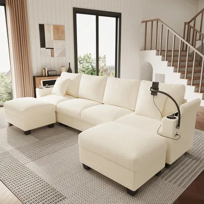 Produktbild von Merax U-förmiges Ecksofa 6-Sitzer, Soffa mit Schlaffunktion, großes modulares Cordsofa, mit USB-Ladeanschluss, Handyhalter, Becherhalter, Couch, Beige