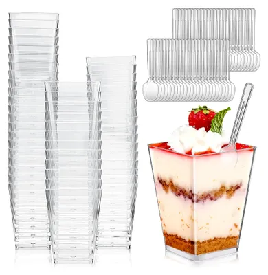 Produktbild von 50 Stück Desserttassen mit 50 Löffeln, 5OZ/160ML Plastik Desserttassen, Klare Dessertschalen, Wiederverwendbare Dessertschalen für Mousse, Pudding, Eiscreme, Desserts, Partys und Picknicks