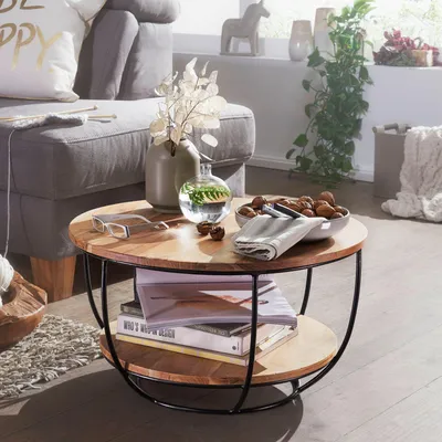 Produktbild von WOHNLING Couchtisch 60x34,5x60 cm Akazie Massivholz / Metall Sofatisch Design Wohnzimmertisch Rund Stubentisch Industrial Braun Tisch mit Ablage