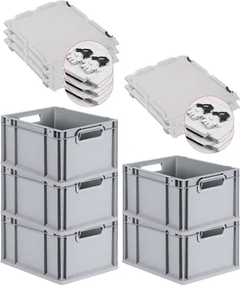 Produktbild von SuperSparSet 5x Eurobox NextGen Grip mit Scharnierdeckel und schwarzen Schiebeschnappverschlüssen | HxBxT 22x30x40cm | 20 Liter | Grau | Griffe offen | Glatter Boden | Eurobehälter, Transportbox, Transportbehälter, Stapelbehälter