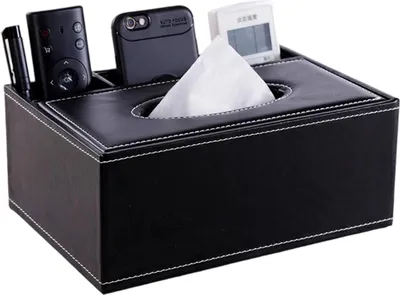 Produktbild von Taschentuchbox Rechteckig, Kunstleder Schwarz, Mit Fernbedienungsfach Für Büro Und Wohnzimmer