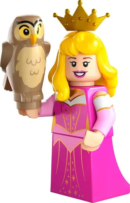 A LEGO minifigure of Princess Aurora holding an owl.