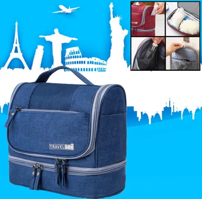Produktbild von Aufhängbarer Kulturbeutel mit Haken - Wasserdichter Reise-Kulturbeutel - Reisetaschen-Organizer für Urlaub / Camping & Reisen - Damen und Herren - Farbe BLAU - Decopatent