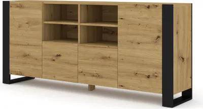 A wooden sideboard with black metal legs against a white background.