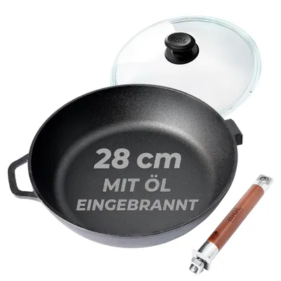Produktbild von BIOL Tiefe Gusseiserne Pfanne 28cm mit Glasdeckel und abnehmbarem Holzgriff