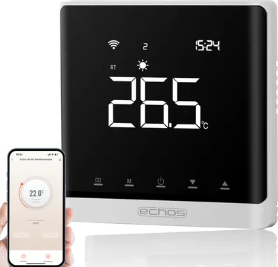 A smart thermostat and a smartphone displaying its interface.