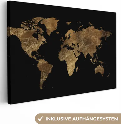 Obrázek produktu pro OneMillionCanvasses® - Plátno - Mapa světa - Zlatá - - Země - Černá, nástěnná malba, nástěnné dekorace obrazy obývací pokoj, 120x80cm