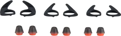 A set of black ear wings and red-tipped ear gels for earbuds, arranged in two rows on a white background.
