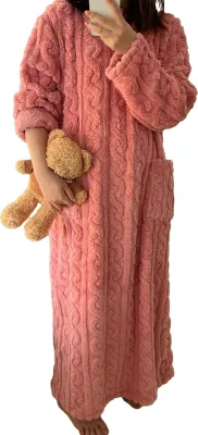 Produktbild von Damen Winternachthemd Dicker Korallenfleece mit Taschen Rundhalsausschnitt Homewear Robe Lose Langarm Warm halten Ganzkörper-Nachtwäsche