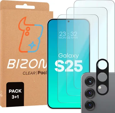 A product shot of screen protectors and a phone camera lens protector, with packaging in the background.