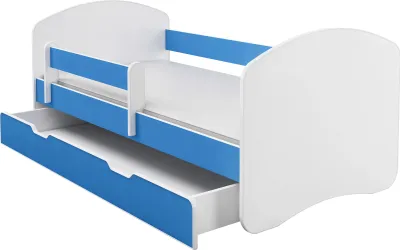 Produktbild von ACMA II Jugendbett Kinderbett 140 x 70 Junior-Bett Komplett-Set mit Matratze Lattenrost und Rausfallschutz Weiß / Blau  , mit Bettkasten, Kinderzimmer