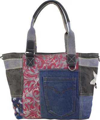 Produktbild von Sunsa Handtasche Damen Tasche Shopper Schultertasche Tote große Henkeltasche Damentasche Canvastasche Weekender retro Vintage mit Canvas Leder Reisetaschen Baumwolltasche jeans&rot