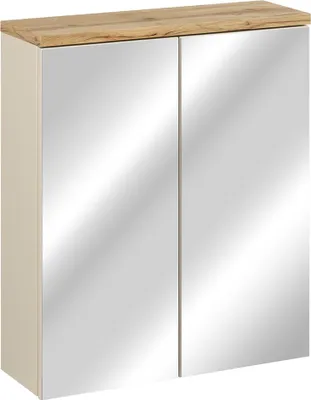 Produktbild von Badezimmer-Spiegelschrank mit 60 cm Breite in Beige mit Eiche, 2 Türen - SOLNA-56-CASHMERE
