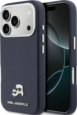 Immagine prodotto di Custodia per iPhone 17 Pro, Karl Lagerfeld HardCase Karl and Choupette Head Pin Saffiano con MagSafe, blu scuro