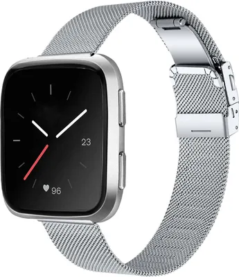 A close-up shot of a smartwatch with a silver Milanese loop band against a white background.