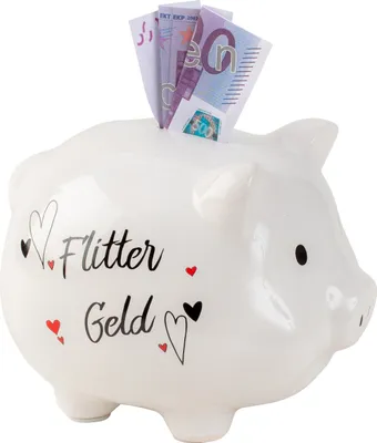 Produktbild von Sparschwein Flitter Geld Honeymoon Fund Weiß mit Aufdruck 14 cm x 18 cm