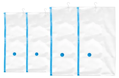 Vakuum-Kleiderbeutel, 4er-Set, 2 Größen, mit Haken, transparent/blau