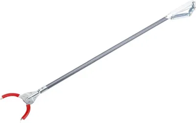 A product shot of a long-handled grabber tool against a white background.