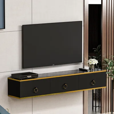 Image de HOMIDEA Emma : meuble TV suspendu à 3 portes – Meuble TV au design moderne et brillant (noir)