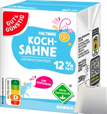 Produktbild von Gut & Günstig haltbare Kochsahne 12% Fett (200g Packung) + usy Block