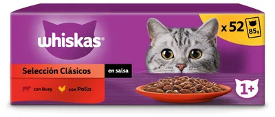 Imagen del producto de Comida húmeda para gatos Whiskas en salsa, variedad clásica, 13 paquetes de 4 unidades, cada uno de 85 g